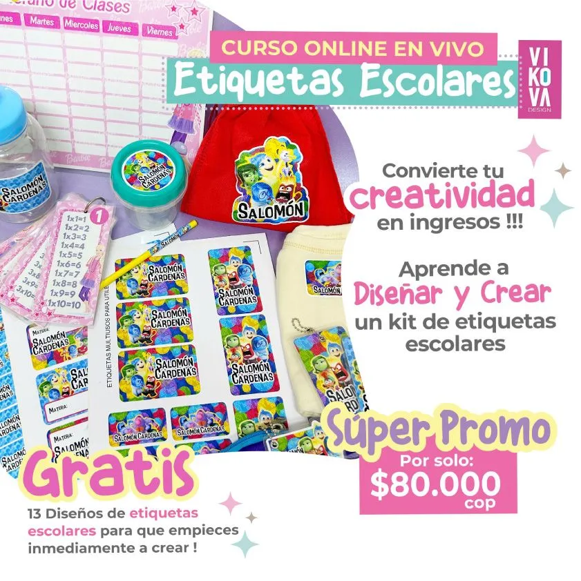 VIKOVA DESIGN Plantillas Digitales de Papeleria Creativa Curso de etiquetas escolares