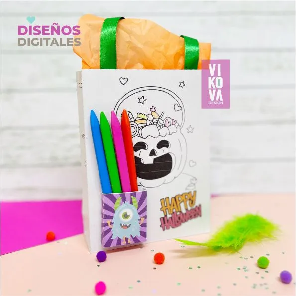 VIKOVA DESIGN Plantillas Digitales de Papeleria Creativa Plantilla de bolsa para colorear de Halloween
