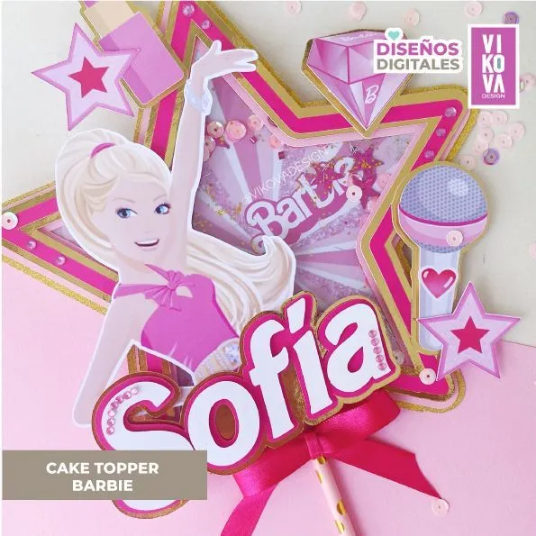 VIKOVA DESIGN Plantillas Digitales de Papeleria Creativa Plantilla letrero para decoracion de torta Barbie