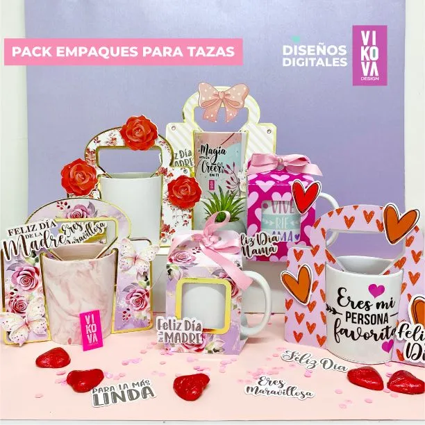 VIKOVA DESIGN Plantillas Digitales de Papeleria Creativa Plantillas de empaques para tazas